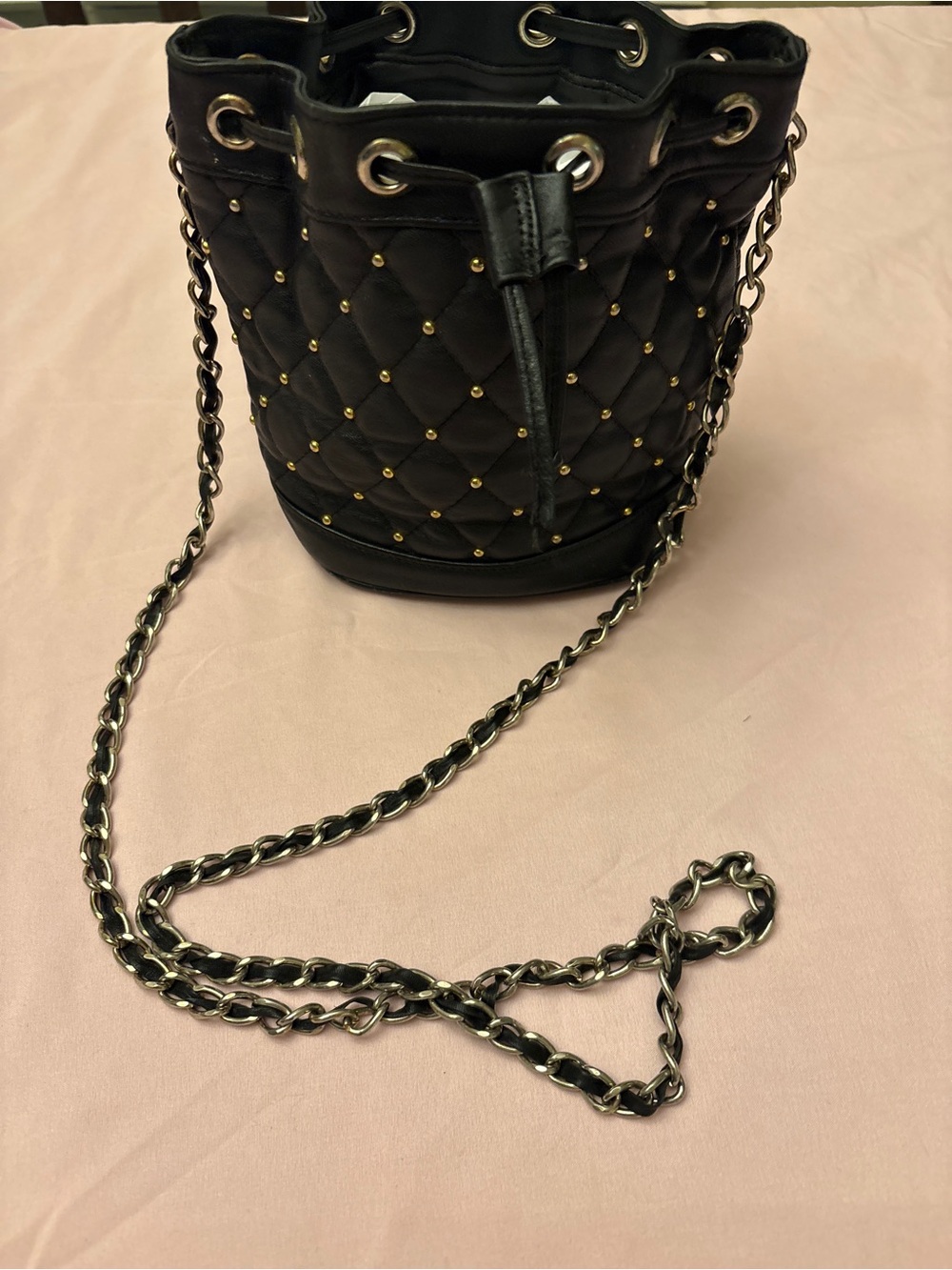 Quilted Studded Bucket Crossbody Bag - Black